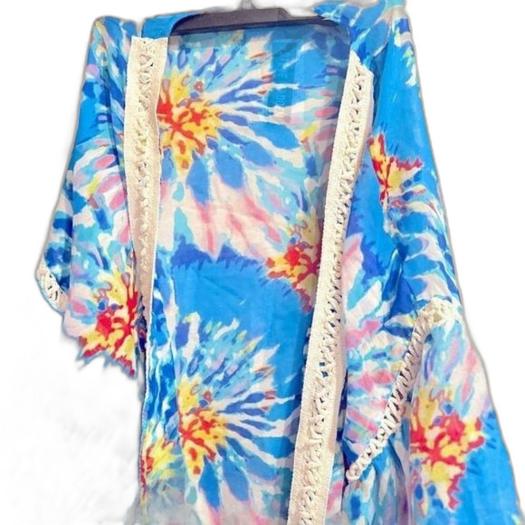 Steve Madden Crochet-Trim Tie-Dyed Kimono 31×32 Multicolor, cover up, swim shirt - Picture 4 of 5